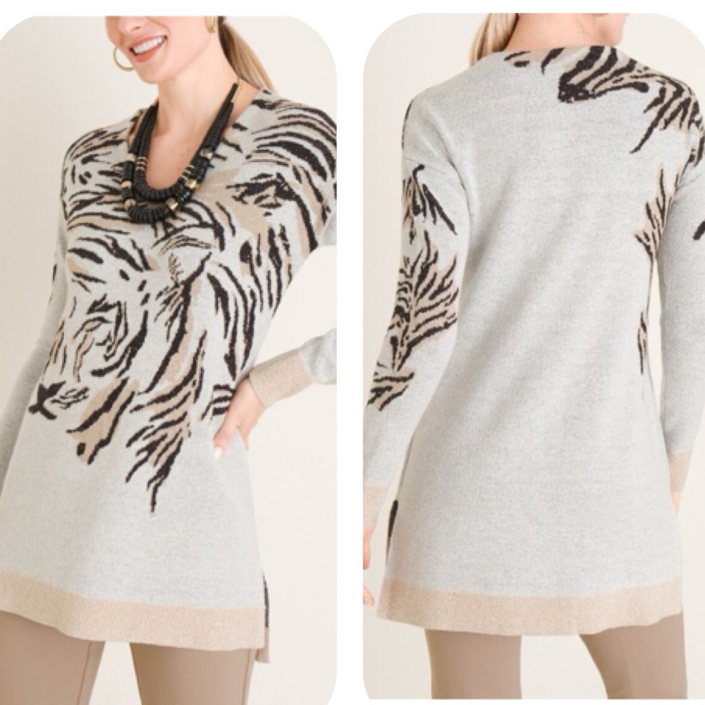Chico’s Tiger Face Animal Print Tunic Sweater Black Tan Size Large